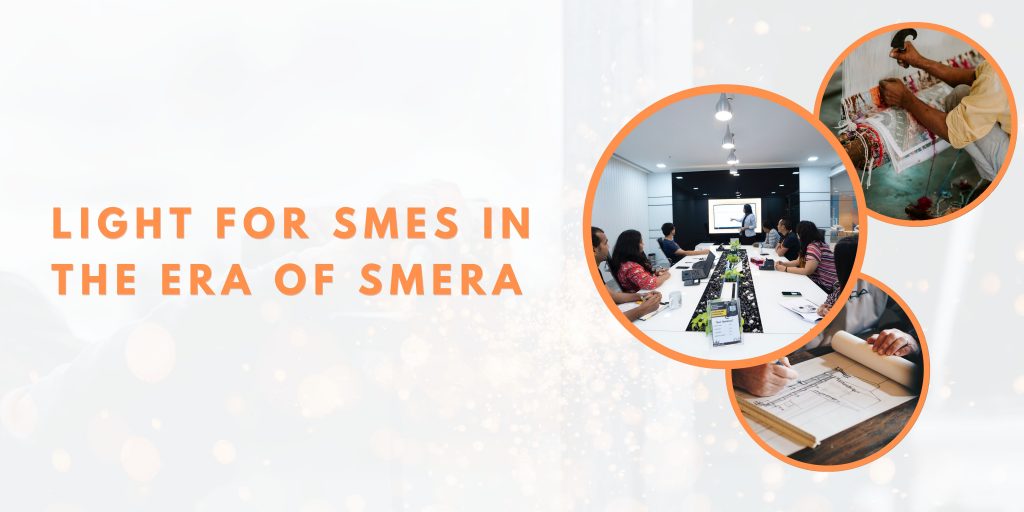 This is the Banner image of article "Light for SMEs in the ERA of SMERA" depicts different SMEs in 3 circles on right hand side First clockwise is IT industry, next Handloom cloth industry, and lastly construction industry to show that SMERA is helping small businesses.